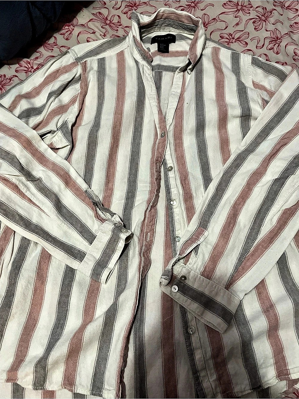 Tahari Striped Button Down Shirt in Pink & Gray Size Medium